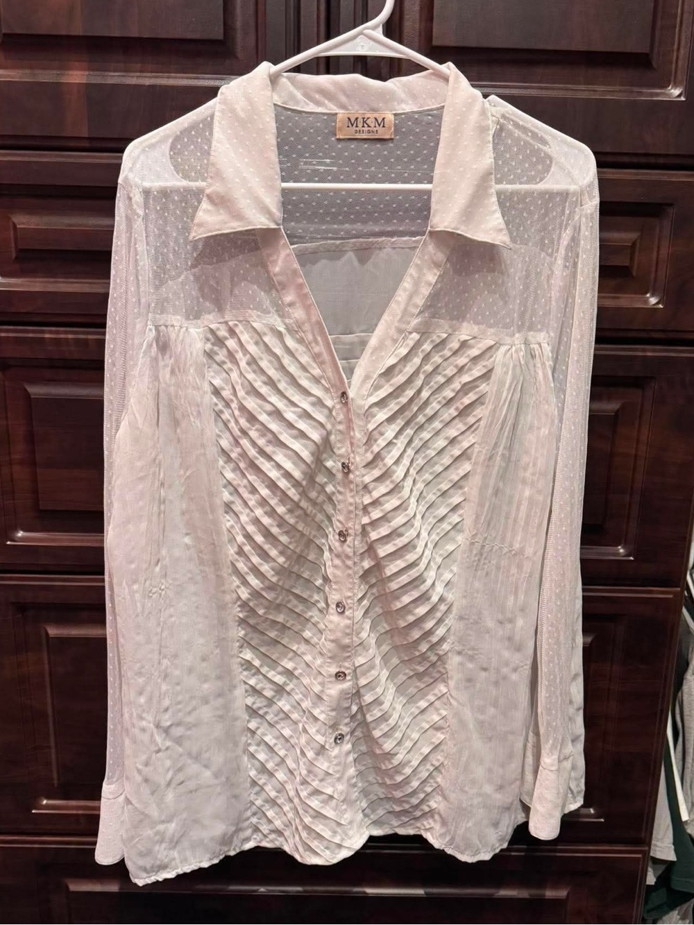 MKM Designs White Sheer Dot-Panel Button Front Blouse 3X - Picture 2 of 5